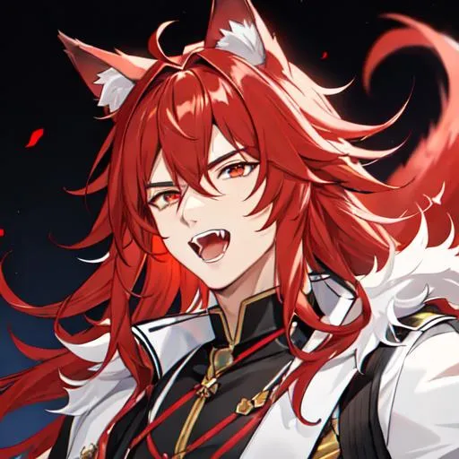 Prompt: male(Red side-swept hair covering his right eye) wolf ears, wolf tail, HD, 8K, open mouth, fangs