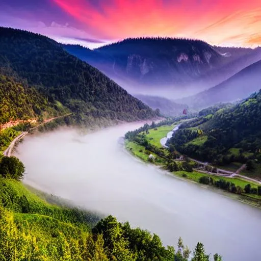 Prompt: beautiful valley with a river and villages between mountains with misty waterfalls during dawn in austria, ultra realistic!!!, professional photograph, deep focus, high detail, colorful, 8 k


