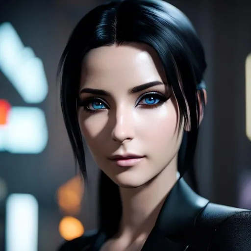 Prompt: A photo realistic illustration, rendered in Unreal Engine 5.0, of a beautiful Re-l Mayer from Ergo Proxy (2006) in her 30s with Electric Blue eye makup under a black suit with shoulder length straight black hair, intricate, seductive, Dark Fantasy, Japanese Cyberpunk, Sc-Fi, Surrealist, Anime, by Shûkô Murase, Funimation, DeviantArt, Castlevania anime, artstation, Midjourney, cgsociety, digital painting, Dark black, seductive, symmetrical, vivid, tone mapping, colorgrading, HDR, 4k, sharp focus, natural lighting