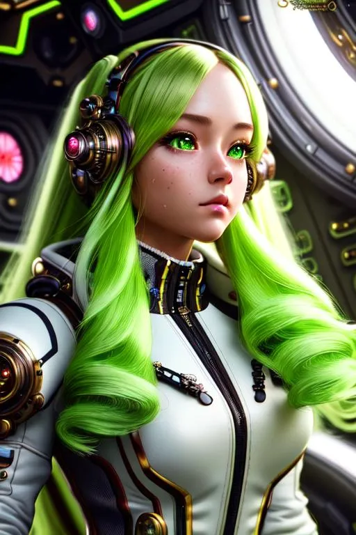 Prompt: ((best quality)), ((masterpiece)), ((realistic)), hd octane render, masterpiece face, intricate hyperdetailed best quality cute girl , cinematic shot, upper body, centered, 80mm lens, perfect angle ,dynamic pose, hyperdetailed steampunk spaceship interior, long hair, fluffy , neon green ombre hair , space suit wear ,hyperdetailed, hyperdetailed face, gloss lips, (detailed beautiful blue eyes, detailed mouth and lip, detailed face, expressive), cinematic lighting, volumetric lighting, studio lighting, neon light, global illumination, reflection, neon reflection, soft shadow,depth of field:0. 4, blur, bloom:0. 2), contrast, vivid color, (Detailed, ultra detailed, finest detail, intricate),