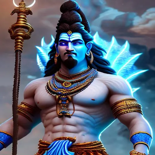 Prompt: Massive Lord Shiva standing in tidal dark tsunami, armed with traditional Hindu trishul weapon, battle stanced, bearded, blue skin, glowing tattoos, hd, hyperrealism, glowing eyes, powerful aesthetic, unreal engine render, fantasy art 4k, ultra HD render, 4k digital art, 4k digital photography, intricately detailed, cultural detail to weapons and jewelry, God aesthetic, perfection 