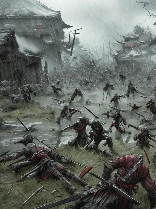 Prompt: drawn Rainy battlefield with dead samurais and undead with scattered loot