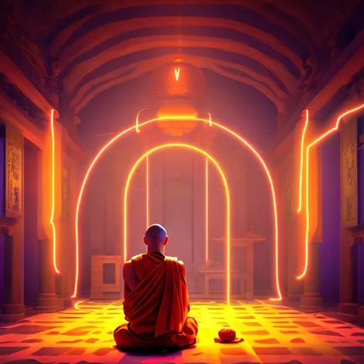 Prompt: the initiation of a Buddhist monk in a monastery, animation style, neon lights, spiritual and majestic