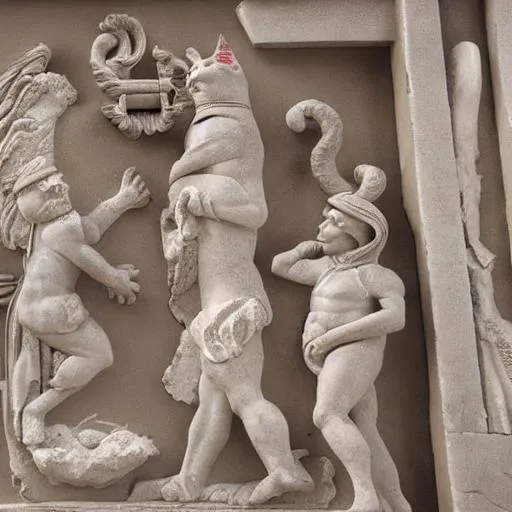 Prompt: Hyperrealistic roman temple frieze showing cat astronauts 8k