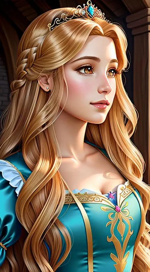 Prompt: portrait, long wavy hair, female, Illustration, princess dress, rapunzel