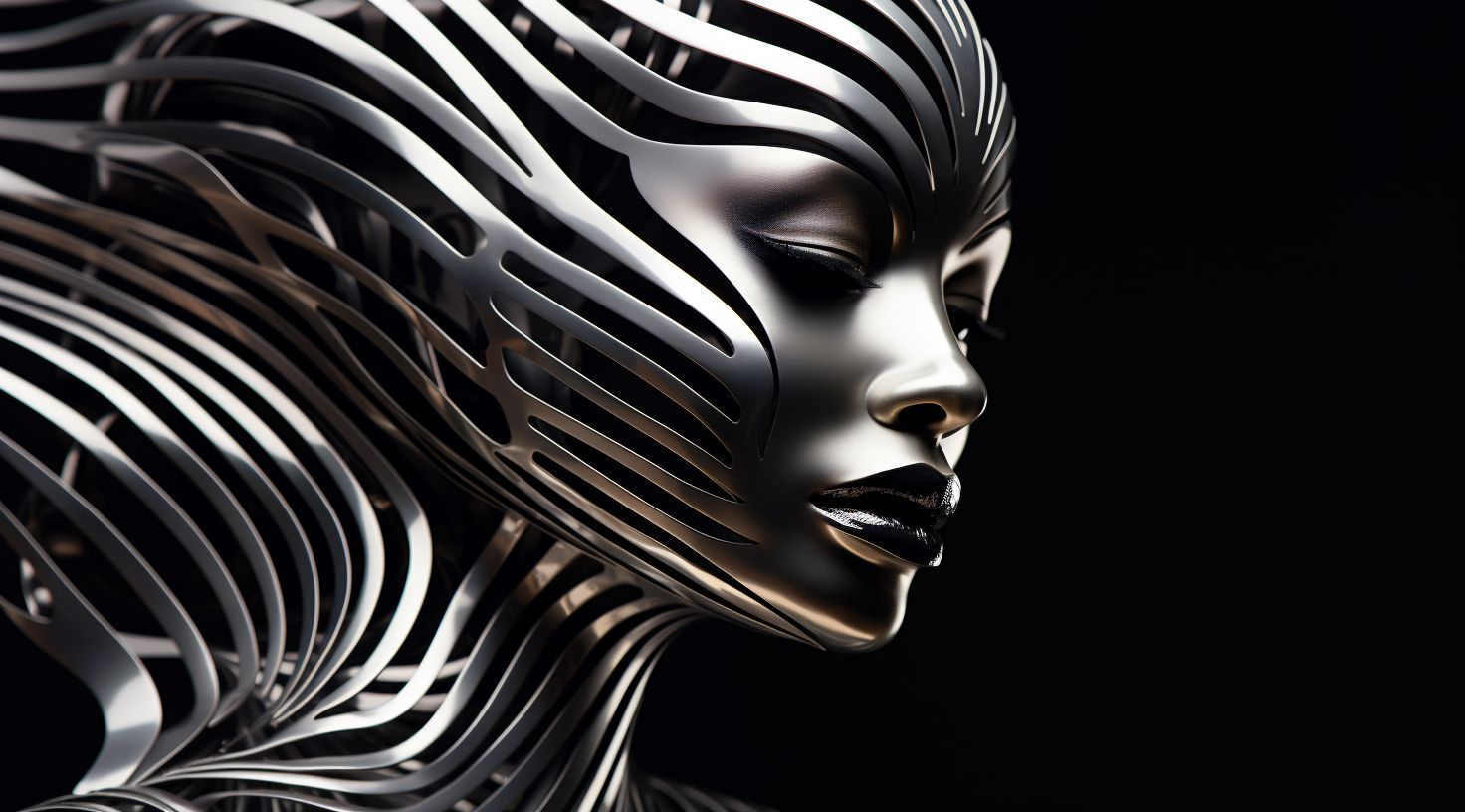 Prompt: images of female striped head, in the style of made of liquid metal, abstraction-création, smooth curves, 8k 3d, zaha hadid, close up, figura serpentinata