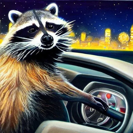 Prompt: Ultra realistic painting raccoon driving near a nighttime cityscape