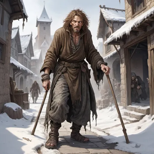 Prompt: Full body, Fantasy illustration of a beggar, in his fourties, insane expression, unkempt appearance, ragged cloth, peglegged, brown tangled hair, using a crutch intense gaze, high quality, rpg-fantasy, detailed, snow covered wiking town background