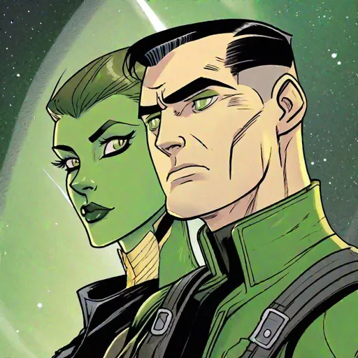 Prompt: A male scifi pilot man with very short slicked back (brown) pompadour undercut hair and shaved sides, futiristic fully dark entirely jet black leather jacket. green eyes, hugging A green skinned scifi green female, woman with green skin, short black bob hair, uniform. she has green skin. well drawn green face. detailed. green girl, the femme is green, mujer has green skin, green character, green race, detailed. her skin is green, her skin colour is green, star wars art. 2d art. 2d, 