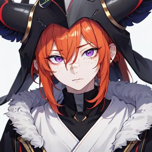 Prompt: Erikku male adult (short ginger hair, freckles, right eye blue left eye purple) UHD, 8K, Highly detailed, insane detail, best quality, high quality, anime style, tired