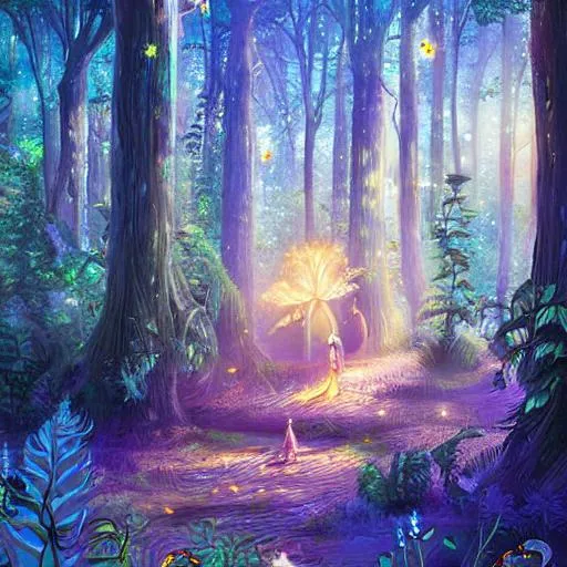 Prompt: A magical forest with towering trees covered in glowing mushrooms and fireflies flitting about. Enchanting, mystical, highly detailed, digital painting, concept art, warm lighting.