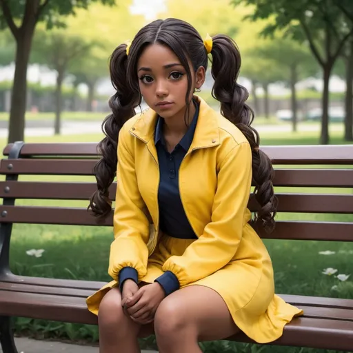 Prompt: Anime art of a Latina woman with wavy dark brown hair in a pigtails, dark skin, shy, wearing a yellow dress, white jacket, sitting on a bench, in the style of anime, 