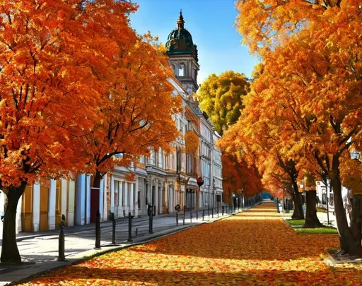 Prompt: rococo styled city in mid-afternoon. It is autumn and the ground is covered with brightly colored leaves.