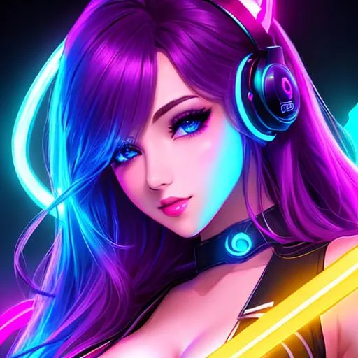 Prompt: high quality, beautiful girl, league of legends, full front, deviant art, neon lights