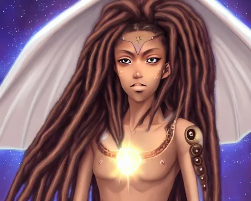 Prompt: {person}, tall,  smooth soft skin, light beams shooting from eyes, brown skin color, beautiful intricate colored dreadlocks hair, wings symmetrical, anime wide eyes, soft lighting, detailed face, concept art, digital painting, looking into camera, planets,, wearing warrior armor, riding a dragon
