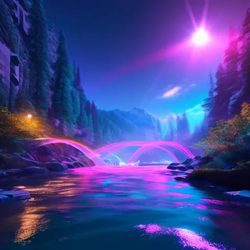 Prompt: river water vibrated with sound frequency, color spectrum, super detailed, photorealistic, dynamic lighting, 8K, beautiful ghotic girl