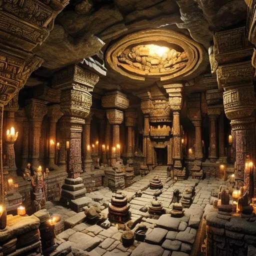 Prompt: ANCIENT DWARVEN  cavern filled with temples. FANTASY WORLD. FULL ARTWORK. hyper realistic. epic scale