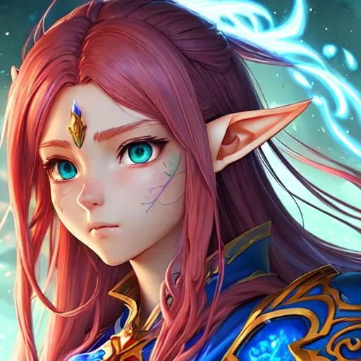 Prompt: female astral elf oath of wile Paladin character concept art and illustration by akihiko yoshida, style of pixar, amazing detailed face closeup, Long plaited red hair, big beautiful eyes swirl with iridescent colors, wearing traveler's clothes, action, madhouse and kyoani character face, cute, pretty girl, portrait, pixiv, artstation, spectacular details, Volumetric Lighting, Dramatic lighting