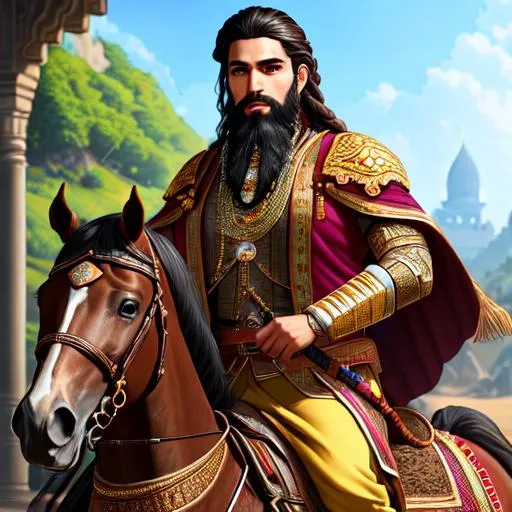 Prompt: Mislim Young mughal king sitting on horse, braided dark brown hair, Beard,brown eyes, smooth forehead, symmetrical, highly detailed body, perfect composition, hyperrealistic, super detailed, 8k, high quality, Splash art, front, epic Instagram, artstation, hyperdetailed intricately detailed, unreal engine, intricate detail, complementary colors, 8k, heavy strokes, full height, full body,