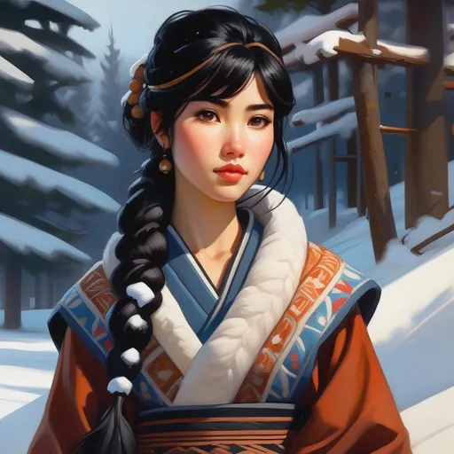 Prompt: Third person, gameplay, Ainu girl, pale skin, black hair, brown eyes, Hokkaido, snow, cold atmosphere, cartoony style, extremely detailed painting by Greg Rutkowski and by Henry Justice Ford and by Steve Henderson 