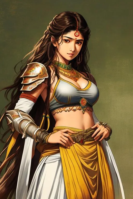 Prompt: Shining Force Concept art (((Yoji Shinkawa))), sticker of ultra detailed portrait of Sai pallavi  (Indian actress who mainly appears in Telugu, Tamil, and Kannada films)in traditional indian apparel, shoulder armor, high quality cell shaded illustration in post apocalyptic style by Yoji Shinkawa, ((full body portrait)), dynamic pose, perfect anatomy, centered, freedom, soul, black curly long hair, approach to perfection, cell shading, 4k , cinematic dramatic atmosphere, watercolor painting, global illumination, detailed and intricate environment, artstation, concept art, fluid and sharp focus, volumetric lighting, cinematic lighting, Art by Yoji Shinkawa,