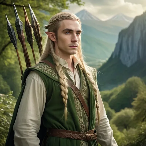 Prompt: Create a portrait of a mighty elven warrior with long-braided blond hair, well tailored medieval type robe, shirt and pants, and a large, slender bow with arrows. Depict the elf in a Tolkien-esque fantasy world.