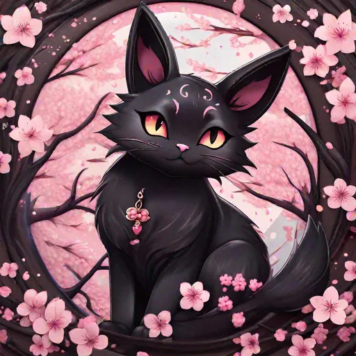 Prompt: Le Chat Noir style, umbreon, black colors, big emotional eyes, cherry blossom background, highly detailed, concept art, best quality, masterpiece 