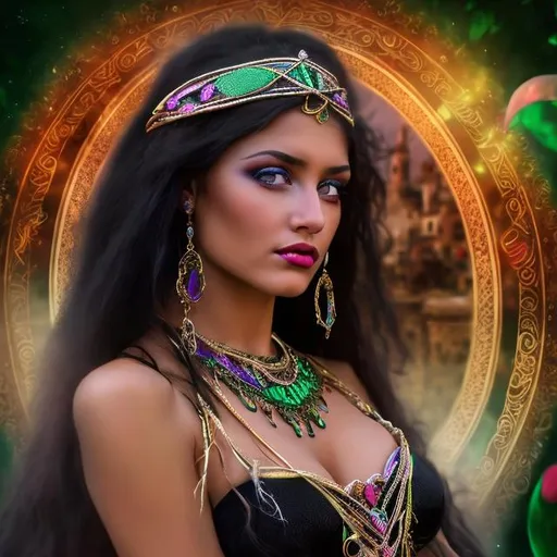 Prompt: professional modeling photo esmerelda as live action human woman hd hyper realistic beautiful gypsy woman black hair olive skin green eyes beautiful face romanian dress and jewelry and tamborine enchanting parisian hd background with live action realistic fortune telling 