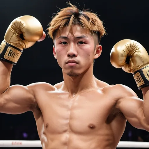 Prompt: Imagine a Japanese sportsmen resembling Naoya Inoue with golden and brownish hair, with an incredibly muscular physique. Hes wearing big boxing gloves. He's raising both of his strong arms to show off his armpits.