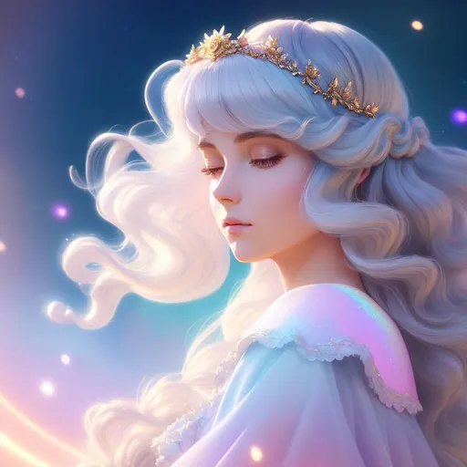 Prompt: Digital style painting, Lady Amalthea, style of Pixar, Fragonard, highly-detailed, cinematic, washed out palette, soft pastel color palette, light trails, sunny day, translucent, iridescent, long hair, arms visible, perfect composition, hyperrealistic, super detailed, 8k, high quality, sharp focus, intricate details, highly detailed, dynamic lighting, detailed and intricate environment, highest quality