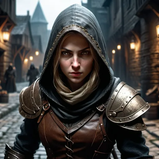 Prompt: Warhammer fantasy RPG style thief woman in hood, detailed facial features,  medieval urban setting, dark and gritty atmosphere, intricate leather armor, mysterious expression, intense eyes, dim torchlight casting dramatic shadows, high quality, realistic, dark fantasy, medieval, detailed eyes, intricate design, dramatic lighting, running pose