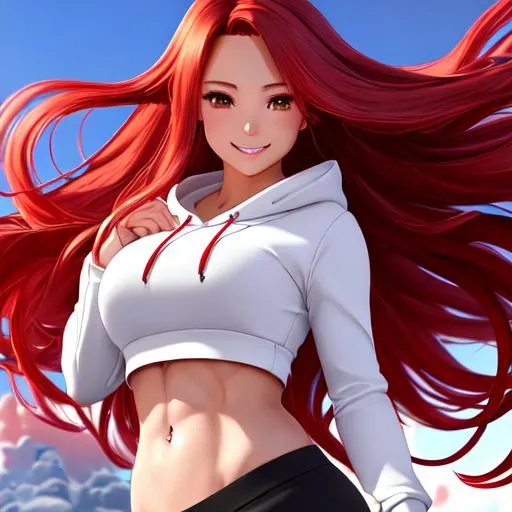 Prompt: extremely realistic, hyperdetailed, extremely long red wavy hair anime girl, deep red blush, smiling happily, wears cropped hoodie, wears dolphins shorts, toned body, showing abs midriff, highly detailed face, highly detailed eyes, full body, whole body visible, full character visible, soft lighting, high definition, ultra realistic, 2D drawing, 8K, digital art