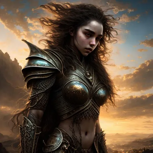 Prompt: Daughter of Daenerys Stormborn and Khal Drogo, dragon armor, castle background, big eyes, bright face , long muscular legs barefoot in sand , {Hyper Detailed Gorgeous dark haired brown woman wearing bikini armor} ((( Hourglass figure, Carne Griffiths, Michael Garmash, Frank Frazetta, Castle Background, Jean Baptiste Monge, Victo Ngai, Detailed, Vibrant, Sharp Focus, Character Design, Wlop, Artgerm, Kuvshinov, Character Design, Unreal Engine , Pixar, Shiny Aura, TXAA, 32k, Fanbox, Highly Detailed, Dynamic Pose, Perfect Composition, Warm Dreamy Tones, Smooth, Sharp Focus )))
