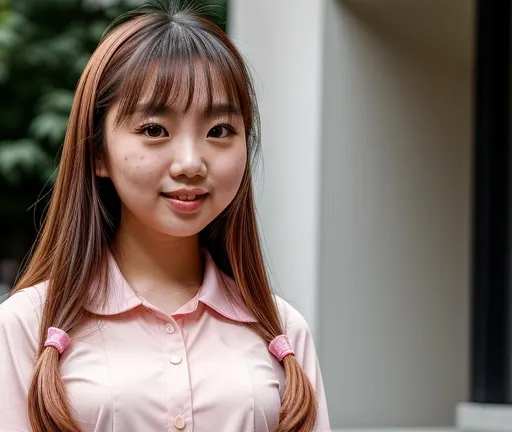 Prompt: Portrait of a cute asian girl, full body, Nayeon lookalike, long straight strawberry blonde hair, black eyes, cute freckles, pink dress, full round face, school girl uniform, smug expression, golden hour, dark space setting, medium shot, mid-shot, ultra realistic, intricate details, highly detailed, trending on Artstation, Hyperealistic details ray tracing shaders, octane render 8 k, 64K, UHD, unreal engine, studio lighting