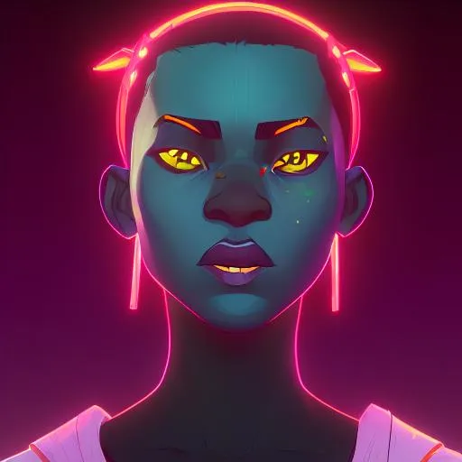 Prompt: stylized African warrior in girl in a neon setting  outside and wearing african mask