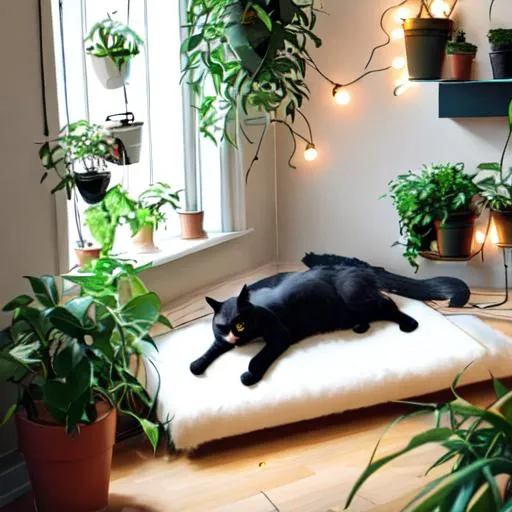 Prompt: a cat laying down in an apartment with lots of plants and string light