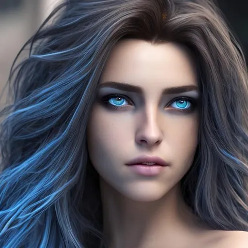 Prompt: Her hair is tenebrous brown and ocular perceivers are blue.Realistic, headshot,soft lighting,HD