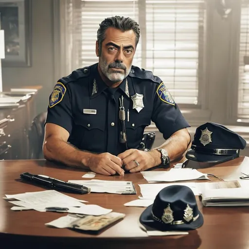 Prompt: Jeffrey Dean Morgan
as a handsome mature Police Captain in full uniform with a hat in a professional portrait, he is in uniform 