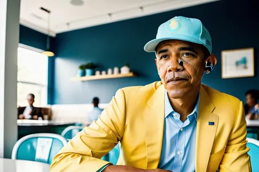 Prompt: Barack Obama, wearing pastel yellow suit and a pastel blue hat,  sitting in a cafe, bright high key lighting, soft white walls with ceramic tiles, matte finish, diner kitchen in the background, film grain, cinematic frame, shallow depth of field