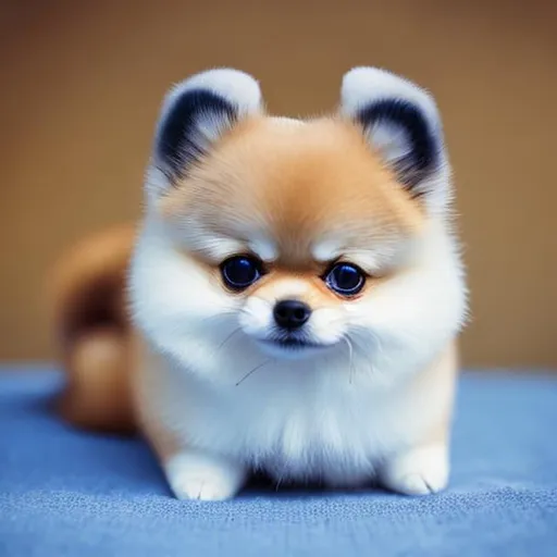 Prompt: Mini Toy Pomeranian in high neck clothes, looking into the camera, white, blue eyes, shiba cut