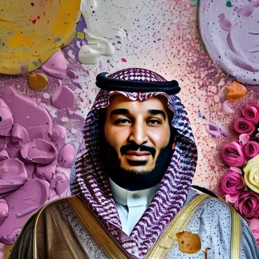 Prompt: close up of mohammed bin salman surrounded flowers and paint and confetti


