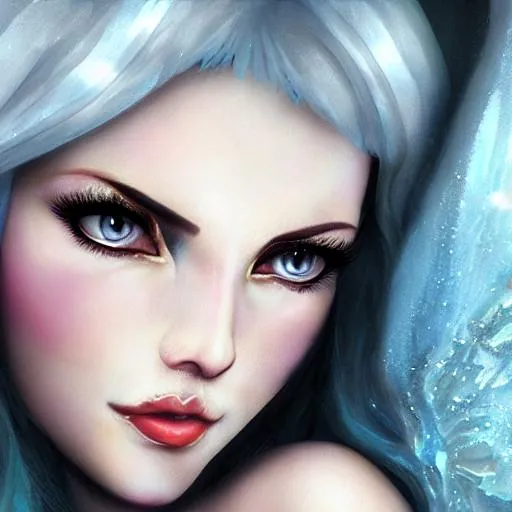 Prompt: white fairy goddess with  icy background, hyper realistic, closeup
