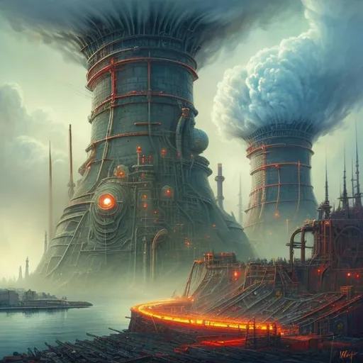 Prompt:  fantasy art style, painting, pipes, tubes, nuclear reactor, power plants, nuclear fusion, nuclear power, nuclear weapons, nuclear bombs, bombs, torpedoes, misiles, concrete, green neon lights, pollution, smog, fog, evil, misiles launching, warship, naval ship, boat