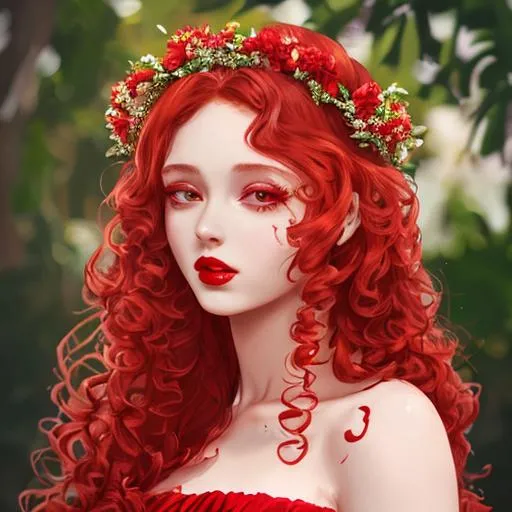 Prompt: 4K, full hd, glossy soft glass skin girl, red lips, detailed face, red curly long hair, makeup, long dress, floral crown, full pic 