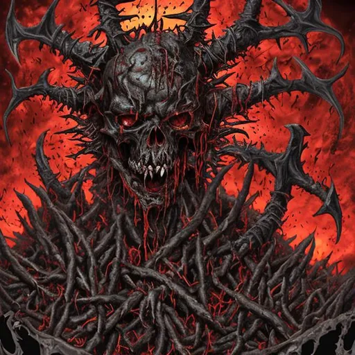 Prompt: gore blood guts skull crushed hellfire at the gates of hell moshpit of suffering humans devil horns crusified gross bloody guts shark teeth bones horror cut throat slit skin melting from body devil smiling no eyes black finger tips bird feet antlers red sky smoke wasteland uneasy enviorment drowning in hell hands trying to grab you through the walls orgy at the gates of hell wings fallen angel tall pale figure pillars church of hell anti natzi red eyes fire everywhere blood eagle needle bald gutted gas mask suicide despair misery red world gods rebirth mother of all things unholy wasteland war gore guts blood