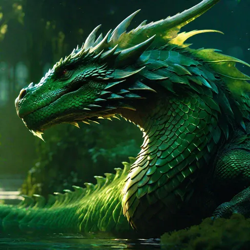 Prompt: "Masterpiece, best quality, side view shot, a large majestic scaly, proud, dragon-like creature, green scales, in the Lauwersmeer, concept art by Jeremy Mann and Abigail Larson and Carne Griffith, intricate, highly detailed, cinematic, UHD, bokeh, depth of field."