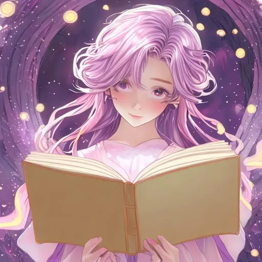Prompt: an anime art of an ethereal girl with pink, violet and yellow luscious hair reading a pink book