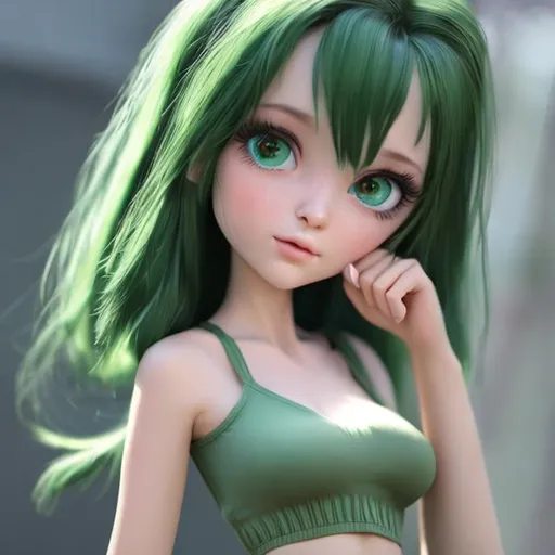 Prompt: realistic, petite girl, green eyes, long green hair, short skirt