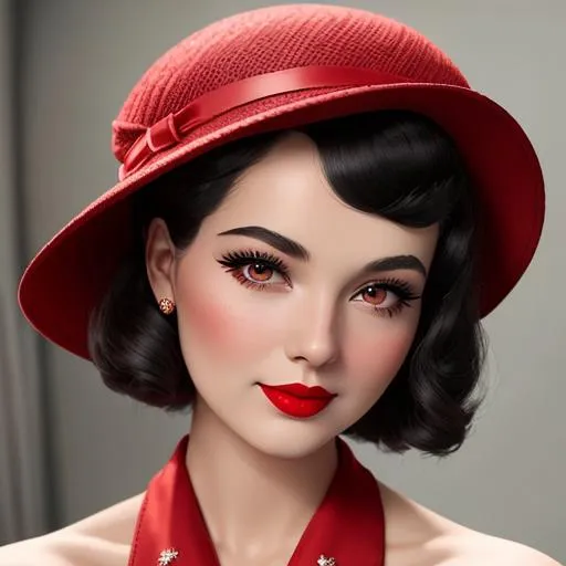 Prompt: a pretty girl  dressed in red, wearing a  large red hat 1950's era, bob hair cut, 1950's era makeup, facial closeup