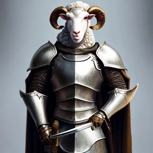 Prompt: sheep knight holding a sword, Award winning masterpiece, Official art, Best quality, ultra smooth, ultra clean, 8k, ultra high res, ultra sharp, ultra-detailed, sharp focus, no helmet